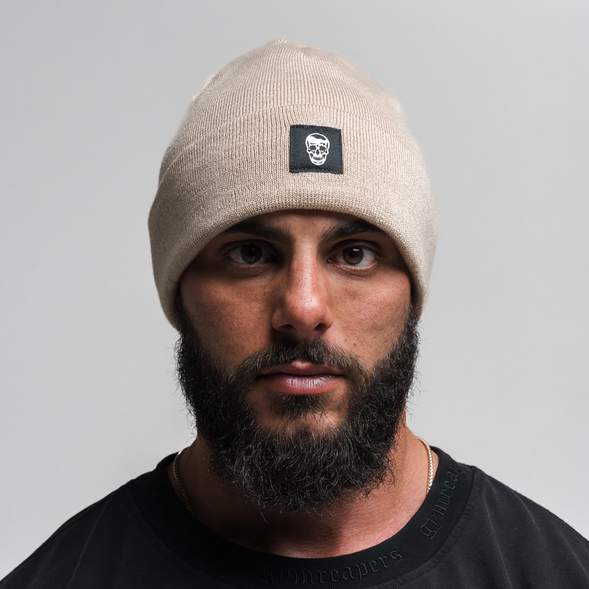 Skull Knit Cuff Beanie - Tan - Image 2